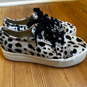 Superga cream black cheetah print velvet platform lace low top sneakers SIZE 7